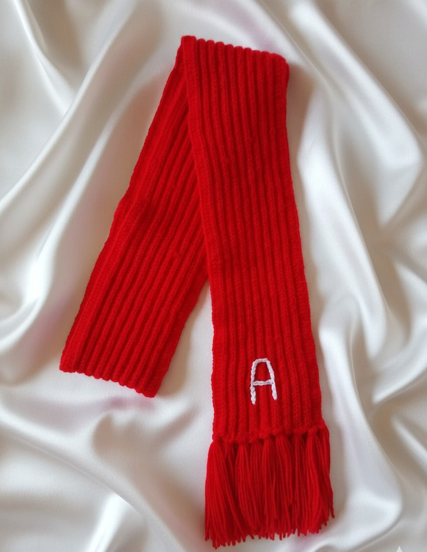 Red Crochet Handmade Scarf with Personalized Name Initial