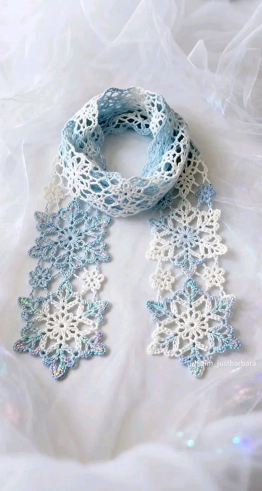 Handmade Crochet Lace Scarf Blue & White For Girls
