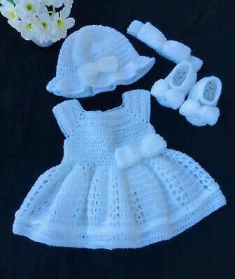 White Crochet Baby Dress Set with Hat & Shoes