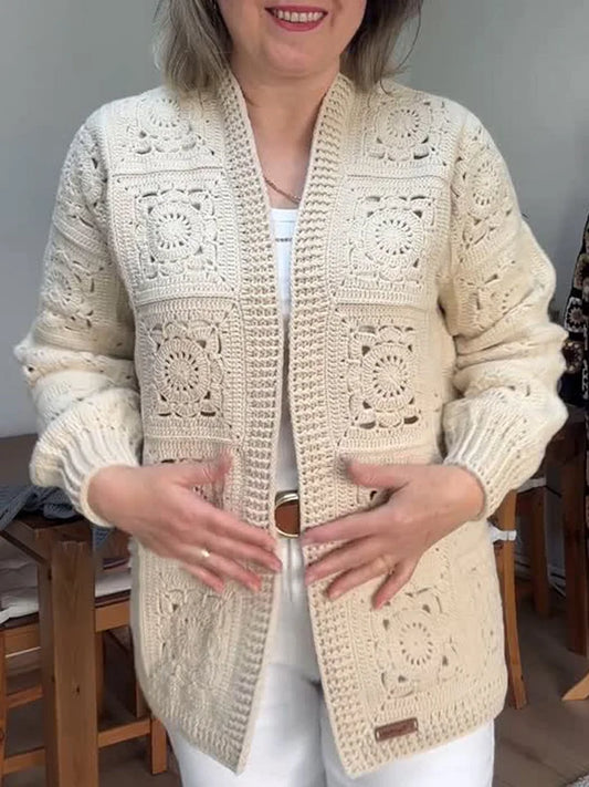 Women Handmade Crochet Cardigan Long Sleeve Coat