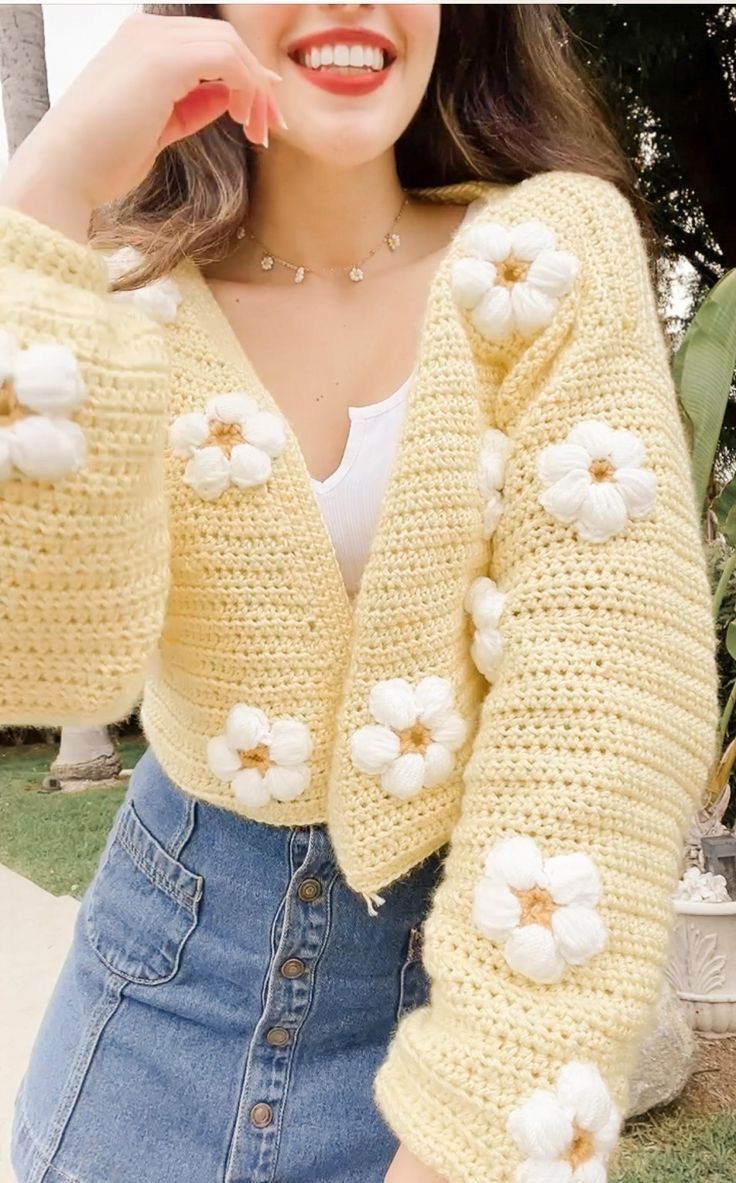 Handmade Floral Knit Cropped Cardigan for Women