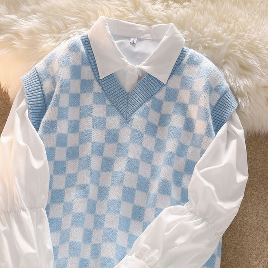 Checkerboard V-Neck Sweater Vest for Men