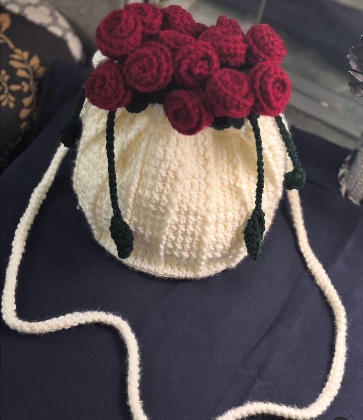Crochet Handmade 3D Rose Flower Bucket Crossbody Bag