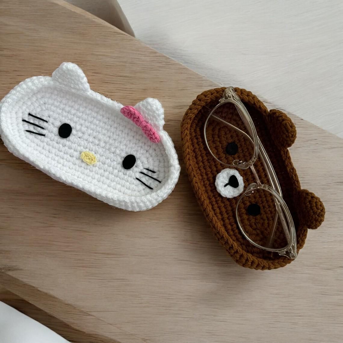 Cute Crochet Cat & Bear Eyeglasses Case