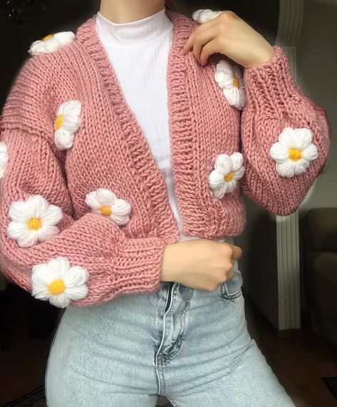 Handmade Floral Knit Cropped Cardigan for Women