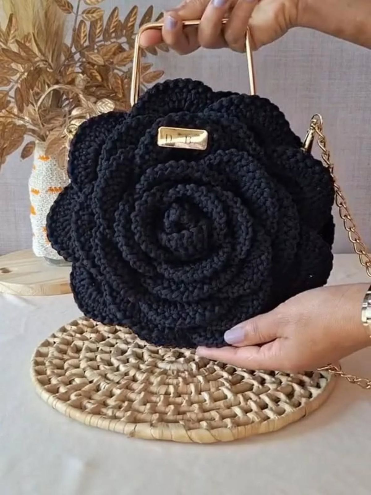 Handmade 3D Rose Crochet Pearl Handle Bag