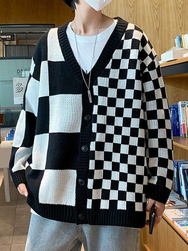 Black & White Checkerboard Crochet Handmade Knit Cardigan Sweater