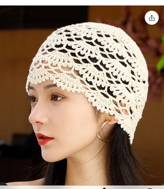 Handmade Crochet Cotton Lace Beanie Hat For Girls