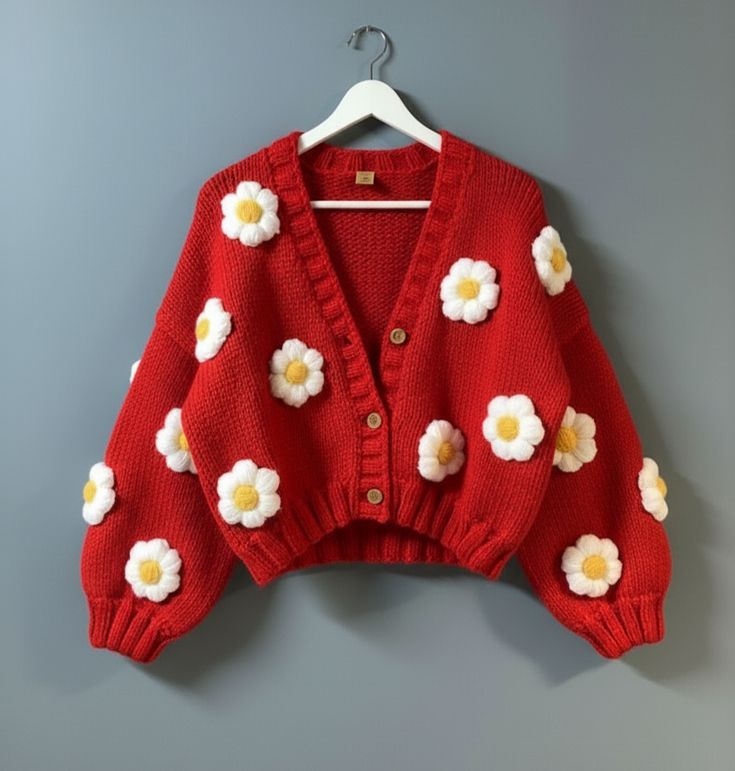 Handmade Floral Knit Cropped Cardigan for Women