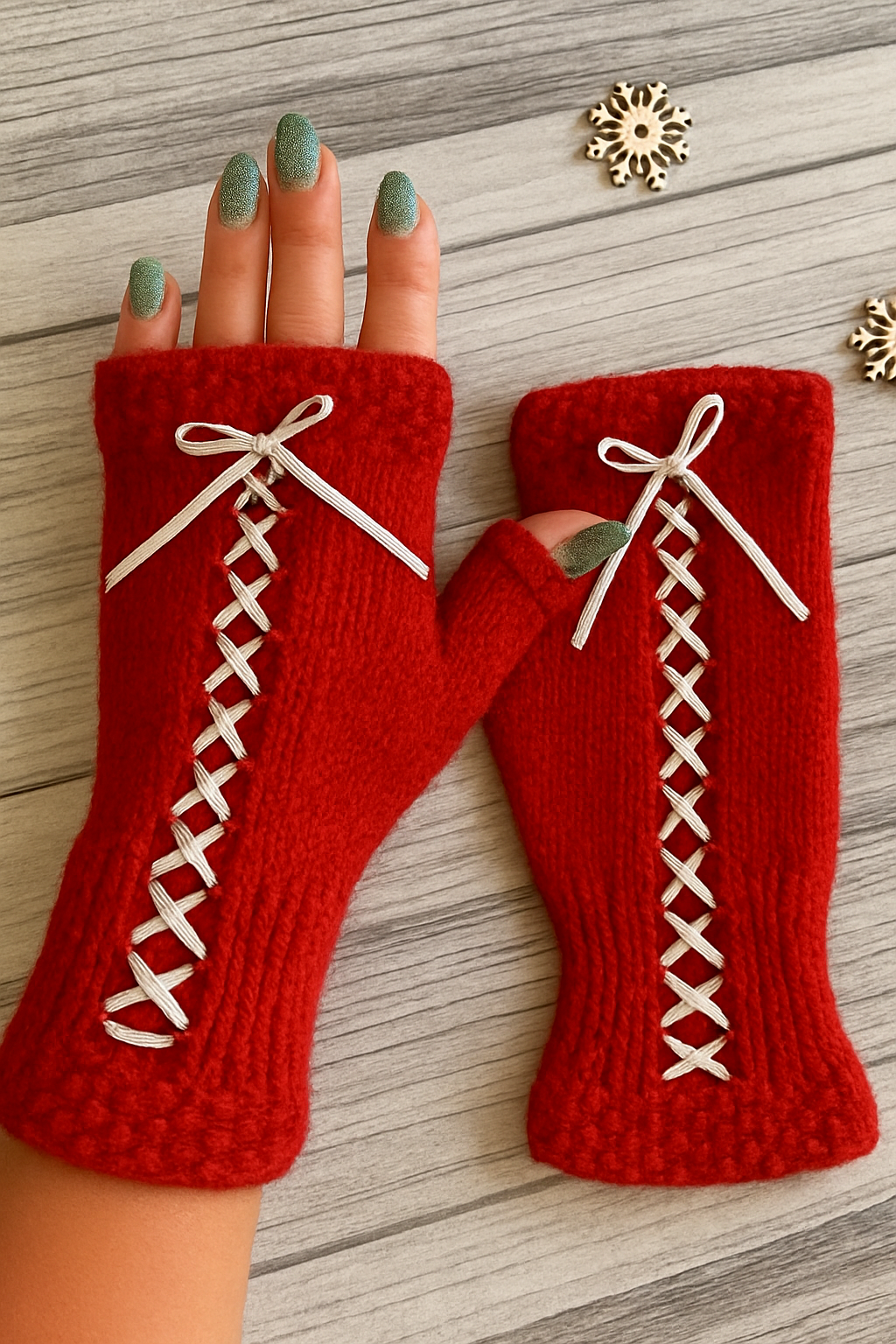 Adorable Handmade Crochet - Knitted Fingerless Gloves with Lace-Up Design