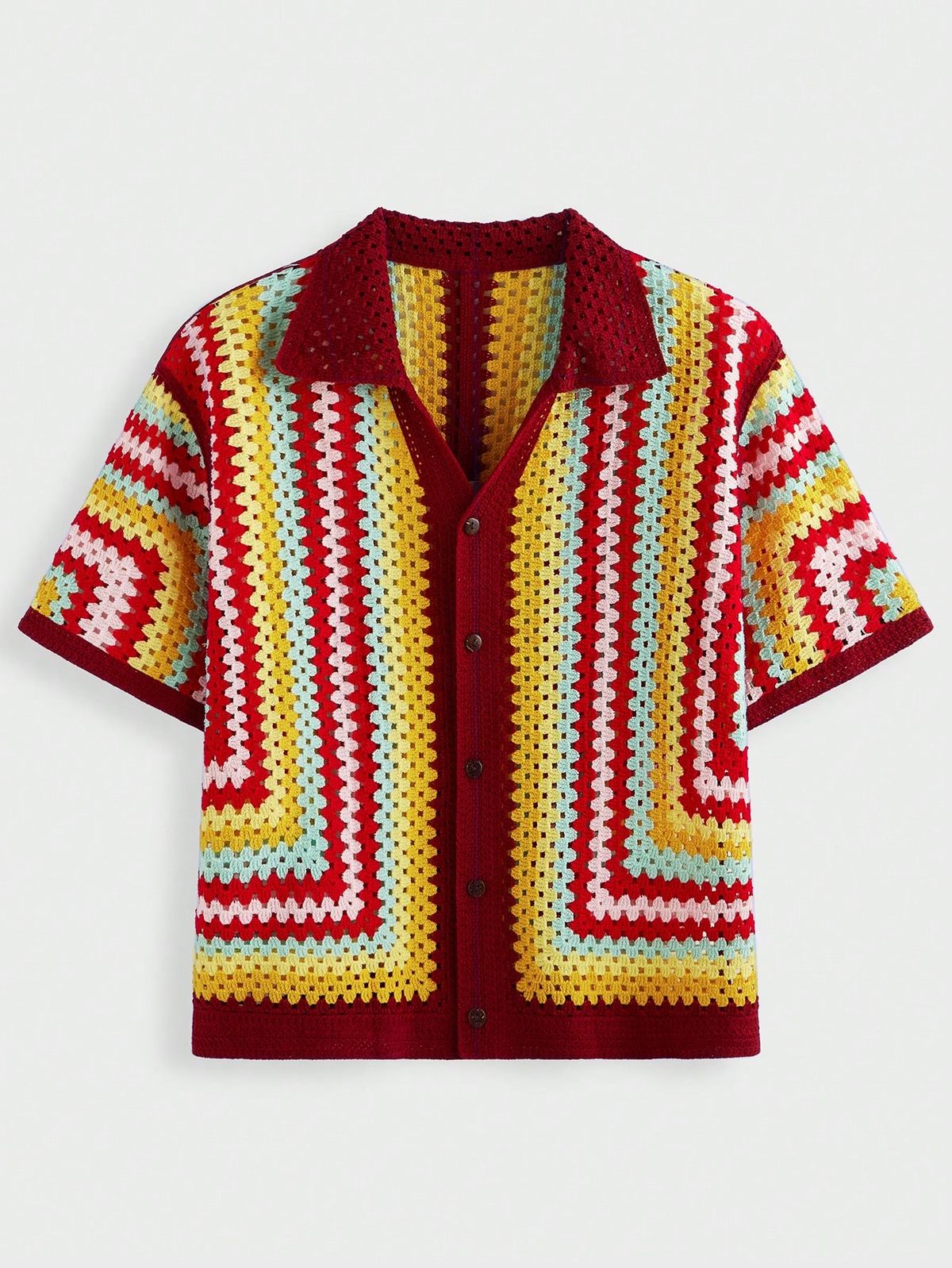 Trendy Bold Pattern Crochet Handmade Button Shirt for Men’s Fashion