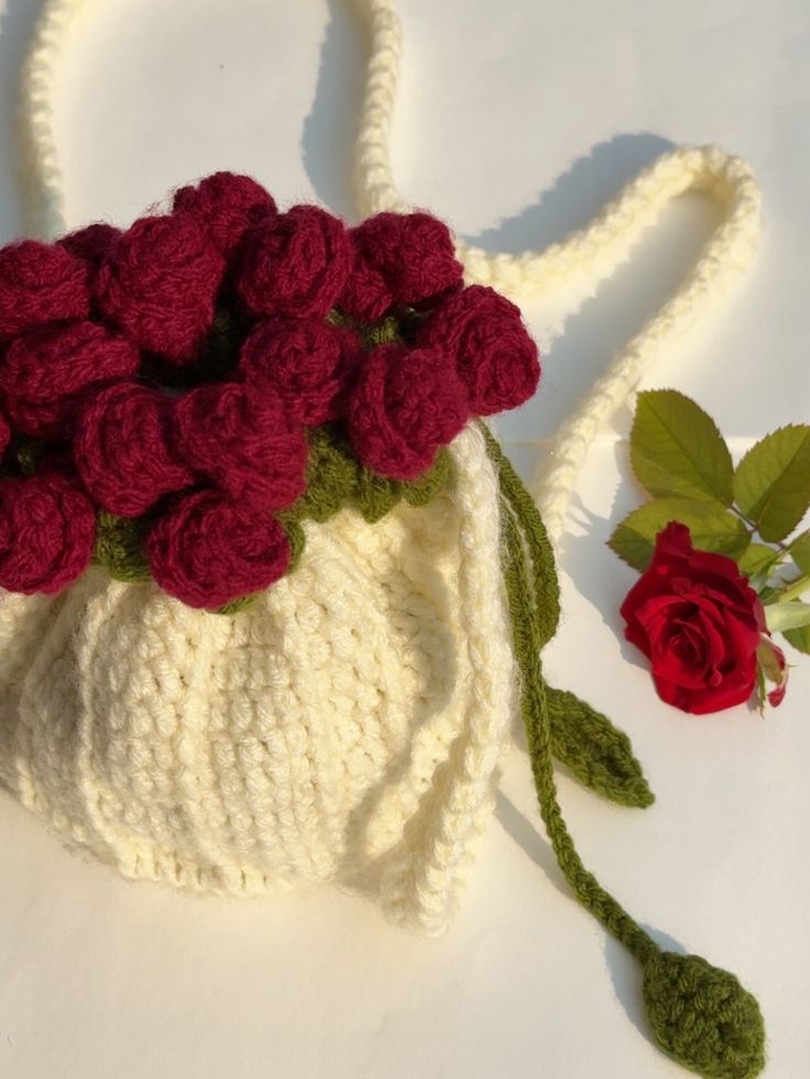 Crochet Handmade 3D Rose Flower Bucket Crossbody Bag