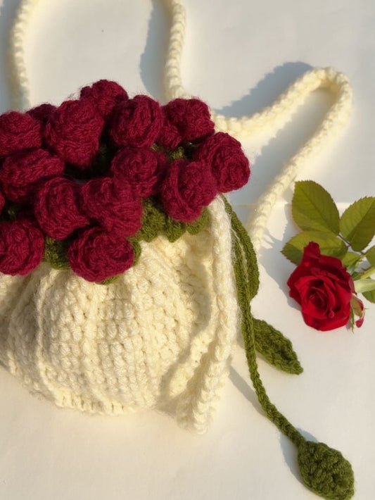 Crochet Handmade 3D Rose Flower Bucket Crossbody Bag