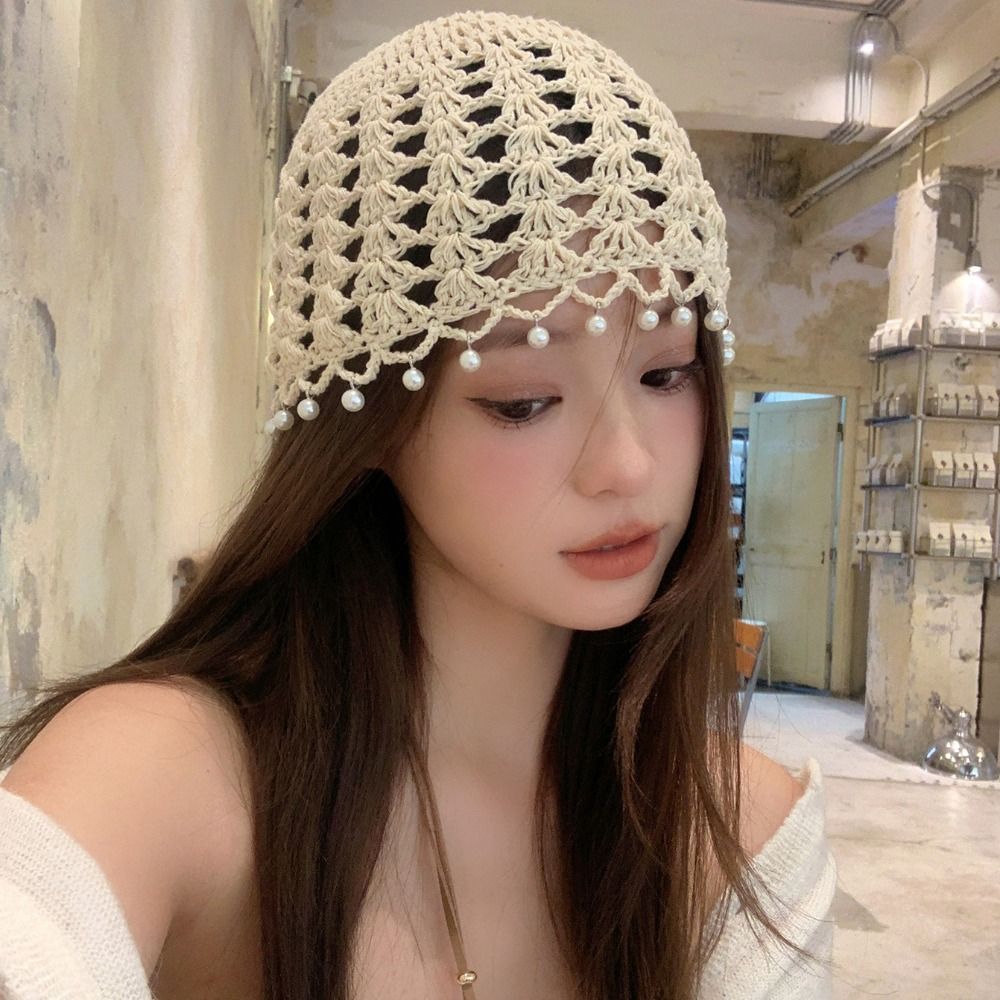 Handmade Crochet Beanie Cap with Pearl Trim For Girls