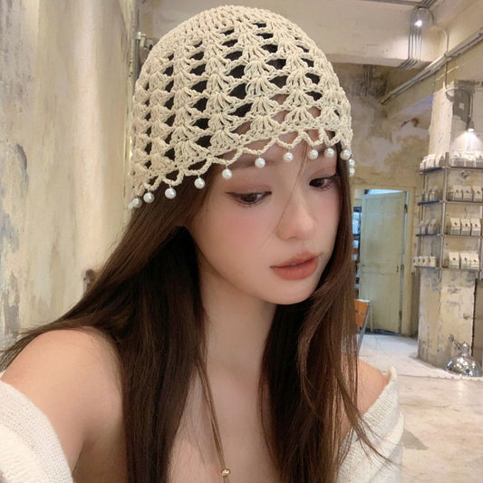 Handmade Crochet Beanie Cap with Pearl Trim For Girls