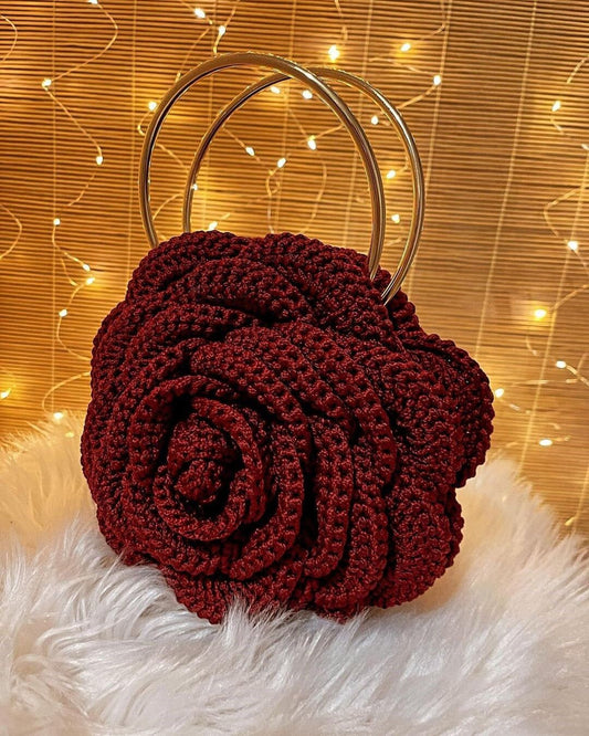 Handmade 3D Rose Crochet Pearl Handle Bag