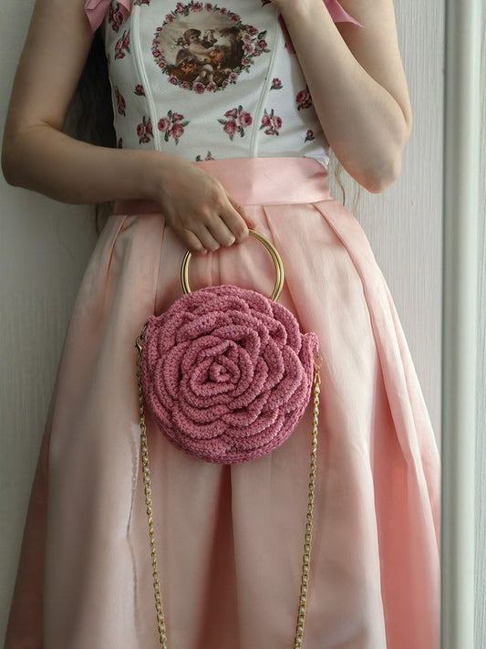 Handmade 3D Rose Crochet Pearl Handle Bag