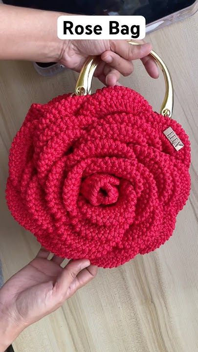 Handmade 3D Rose Crochet Pearl Handle Bag