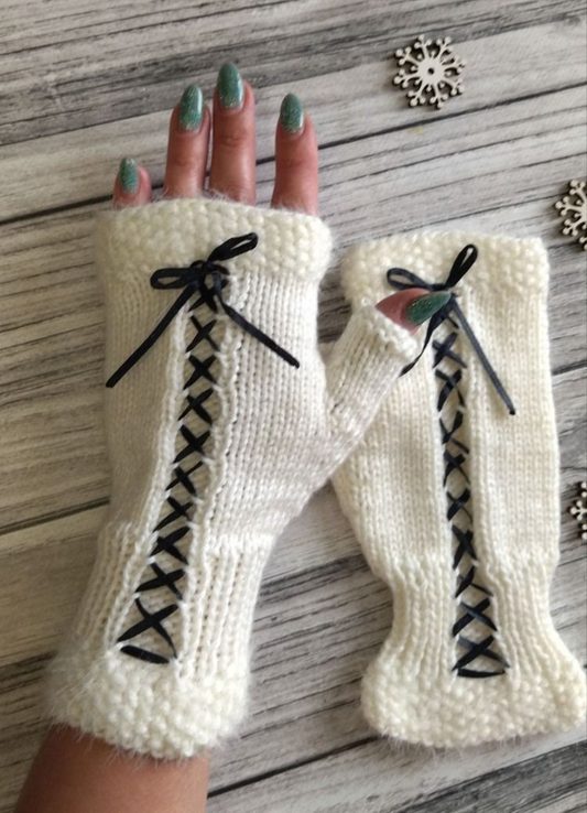Adorable Handmade Crochet - Knitted Fingerless Gloves with Lace-Up Design