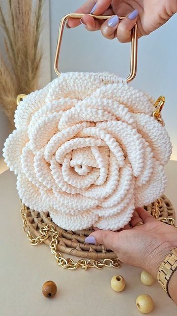 Handmade 3D Rose Crochet Pearl Handle Bag